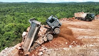 WOW!! OMG RISKY!! Dump Truck Dumping Stone on Extreme Slope — Mountain Road Building
