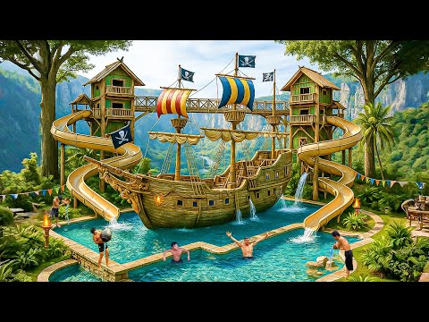 Building a Massive $1M Pirate Ship Water Park Beneath a Jungle Waterfall Using Primitive Tools