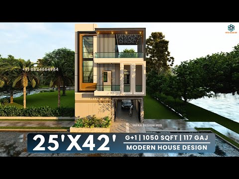 25x42 Feet Modern House Design 3D | Godown with First Floor | Terrace Garden | Infra Design Hub