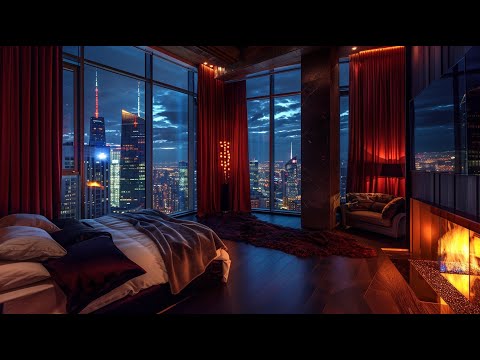 Cozy Bedroom on a Cold Rainy Night - Crackling Fire - Soft Piano Music - Soft Rain