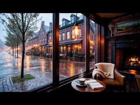 Cozy Small Town Coffee Shop Ambience ☕ Rainy Day at the Cafe | Rain & Fireplace Sounds for Sleeping