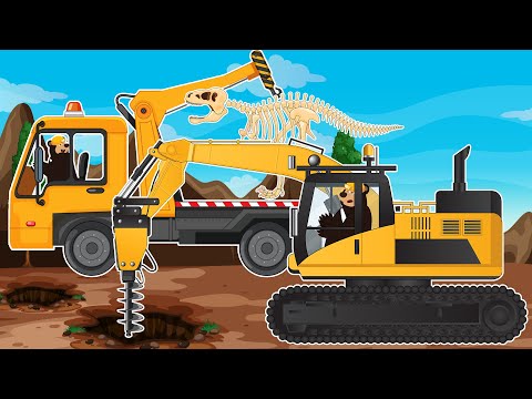 Excavator, Driller & Dump Truck Discover Dinosaur Bones & Rescue a Stuck Car | Vehicles Farm