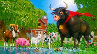 Super Bull Saves Cow Calf from River | Animal Friends Adventure!