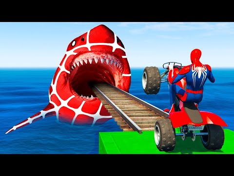الأبطال الخارقين على القضبان دوامة قمع جسر 🕷️🏍️ RAINBOW SPIDER MAN! on Motorcycle in Spiral Bridge