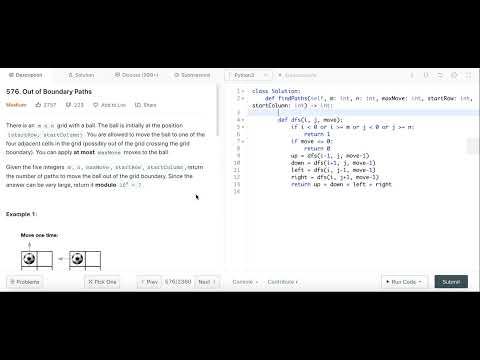 Out of Boundary Paths - Leetcode 576 - Dynamic Programming - Python