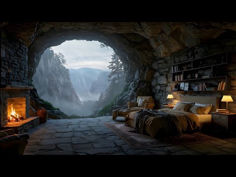 Cozy Cave | Heavy Rain Sounds for Sleeping & Fireplace Sounds | Sleep, Relaxation, & Study