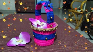 Make a colourful and a decorative flower basket with a plastic container using wool | Wool craft