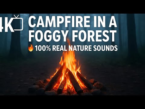 4K 📺 Campfire in a Foggy Forest 🔥 100% Real Nature Sounds