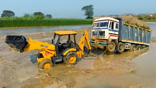 New Truck Tata Tipper Muddy Accident Pulling Out JCB 3DX | Tractor Cartoon | JCB Cartoon | AJ TOYS