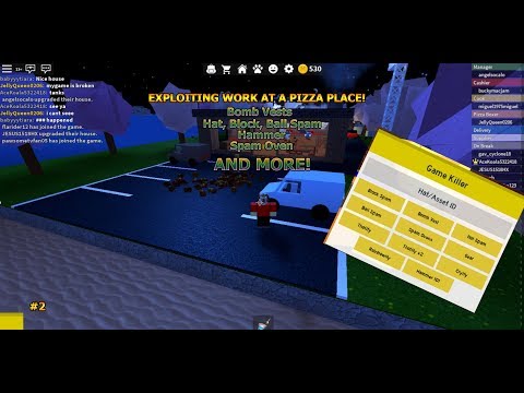 ROBLOX Exploiting #2 || Work at a pizza place! SPAM HAT, BLOCKS, BALLS, HAMMER, BOMB VEST, AND MORE!