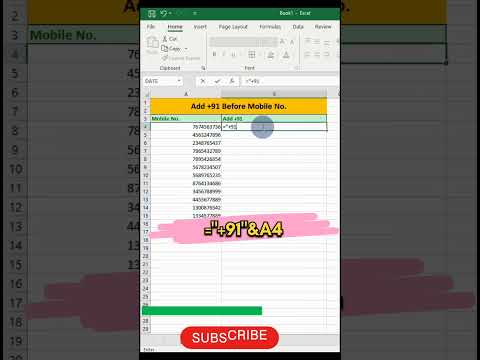 How to add +91 before Mobile No. by Excel trick #shorts
