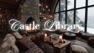 Cozy Castle Library Ambience ❄️ Winter Snowfall, Fireplace & Candlelight | Study Background