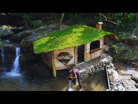 Build a Bushcraft house on top of a mountain | Build transparent windows and a green roof