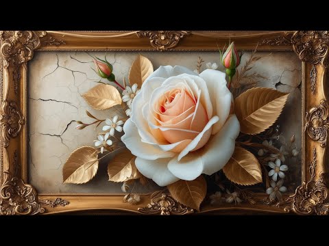 4K Vintage Floral Painting – Elegant Gold Frame Art TV Screensaver (4H)