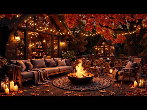 Cozy Autumn Forest Porch Ambience 🍂 Crackling Fireplace & Soft Jazz Music for Deep Sleep & Relaxing
