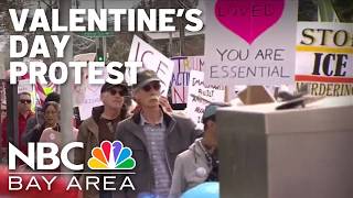 Demonstrators in the East Bay protest ICE on Valentine's Day