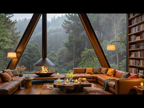 Rainy Spring Day with Soft Jazz Music in Cozy Cabin 🌧 Rain Sounds & Crackling Fireplace to Study