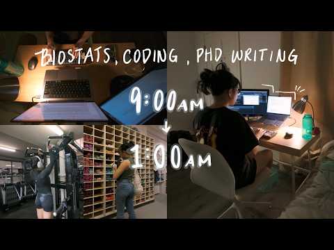 16h day in my life 📝👩‍💻 medical biostats and coding, immunology PhD writing, what I ate, gym routine