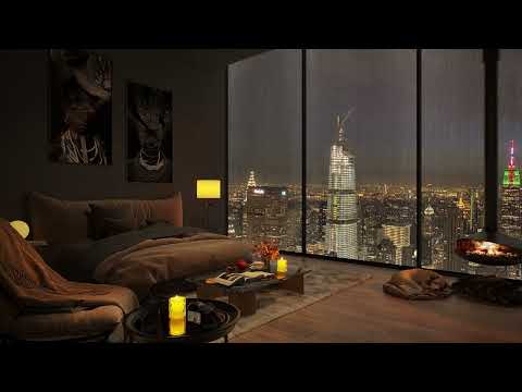 🌧️ Cozy Rainy City Bedroom 🎶 Relaxing Jazz Ambience with Fireplace Sounds for a Good Night’s Sleep 😴