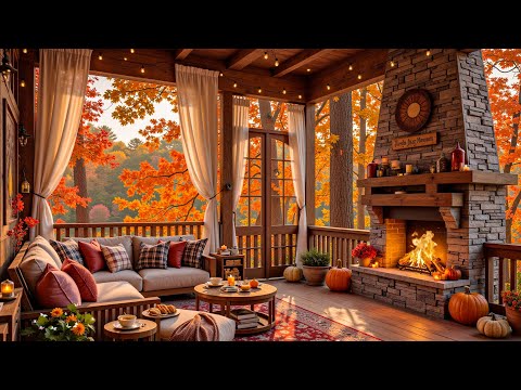 Cozy Fall Porch Scenery by the Forest 🍂 Soft Piano Jazz with Crackling Fireplace for Deep Focus