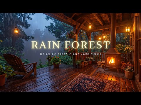 Healing Jazz in Rainy Forest 🌧️ Cabin Fireplace & Rain Sounds for Emotional Calm and Rest