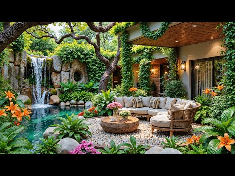 🌿 Tranquil Garden Café by the Waterfall | Smooth Jazz & Nature Sounds for Calm, Focus & Relax