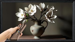Moody Spring TV Art Screensaver. Black Framed Vintage Style Magnolia Flowers. Frame TV Art Hack.