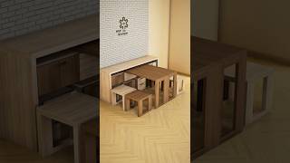 Space-Saving Multifunctional Furniture Design. Folding Table with Hidden Stools.