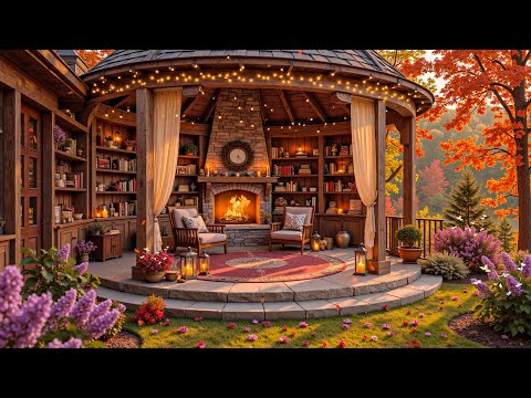 Relaxing Crackling Fireplace for Working 🍂 Cozy Autumn Porch Vibes with Smooth Piano Jazz Music