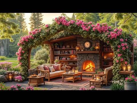 Relaxing Spring Garden Jazz 🌸 Cozy Outdoor Coffee Shop Ambience for Study & Sleep