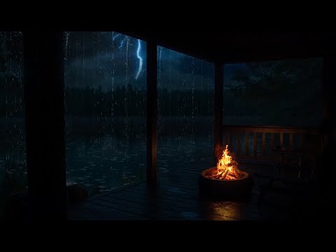 🌧️🔥Stormy Night on a Lakeside Cabin Porch⚡Cozy Fire, Rolling Thunder & Rain Sounds for Deep Sleep