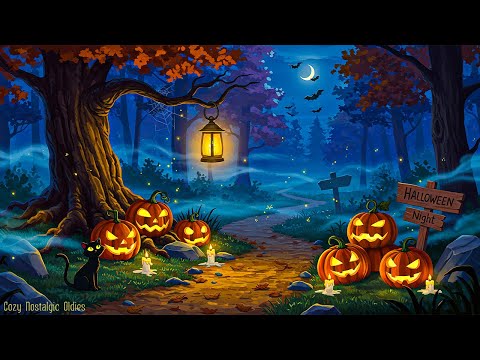vintage autumn night in forest 1940s with oldies music playing in another room (halloween ambience)