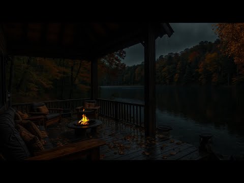 🌧️Cozy Lakeside Cabin Porch at Night🍂🔥Gentle Rain, Crackling Fire & Peaceful Forest Reflections🌲💤