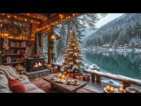 Peaceful Christmas Jazz Music 🔥 Warm Porch Ambience & Snowfall with Fireplace Sounds for Cozy Winter