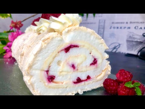 Meringue roll with raspberries.