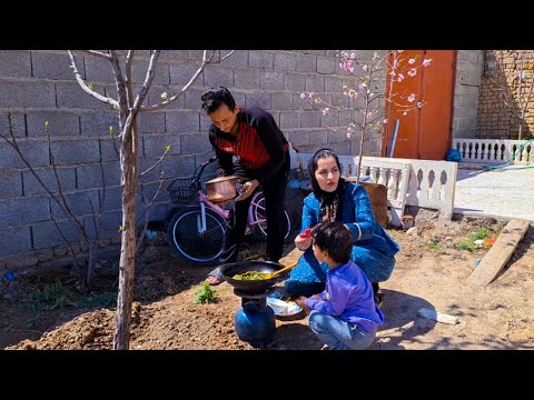 Roe garlic A delicious local dishperfume,cooking amazing food for lunch,Daily village life in Iran