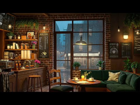 Rainy Day at Cafe Shop Ambience ☕ Smooth Jazz Instrumental Music and Rain Sounds for Relax, Work