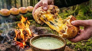 Meatball Sandwich with Melted Cheese cooked over the Fire | Forest Cooking