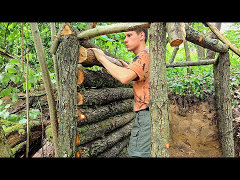 Construction of a Secret Shelter from a Log, build a house in the forest, cabin