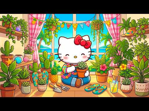 Hello Kitty’s Tropical Plant Room 🌿 Soft Jazz Music for Relaxing, Studying & Cozy Summer Days