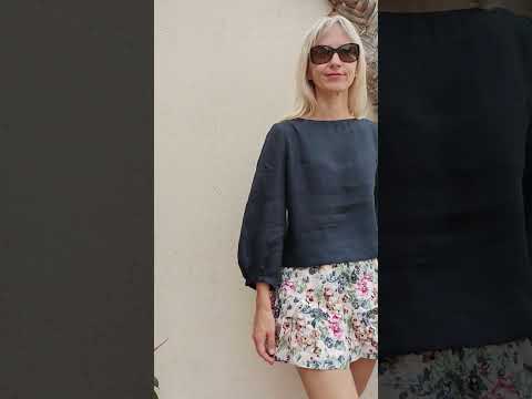 Linen, 3/4 puff-sleeve top / AZULEJO / Navy #kadrika