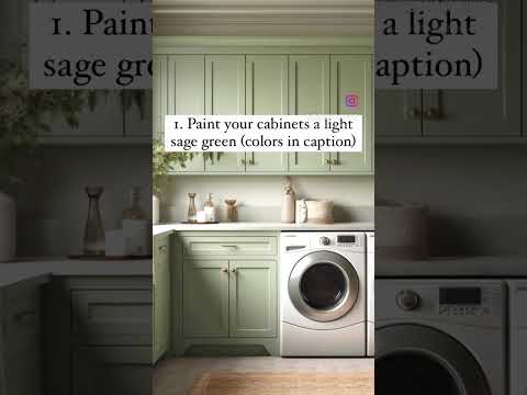 Get the look! Sage green laundry room cabinets #short #paintcolors #interiordesign #homedecorideas