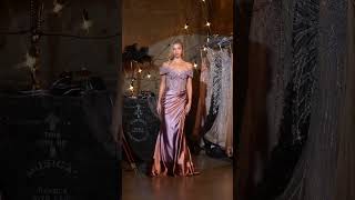 Beaded Off the Shoulder Satin Fitted Gown