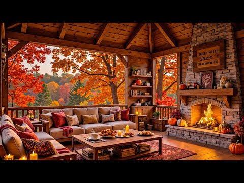 Autumn in the Forest 🍂 Tranquil Jazz in Cozy Cabin Ambience with Warm Fireplace Glow for Relaxation