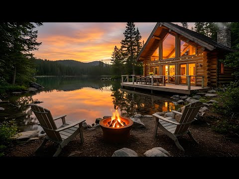 Cozy Mountain Cabin Ambience | Fire & Calm Lake Sounds | Summer Evening Sunset