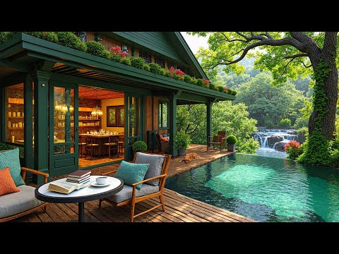 ✨ Tranquil Lakeside Café by the Waterfall | Soft Piano Jazz & Cascading Water for Work & Study