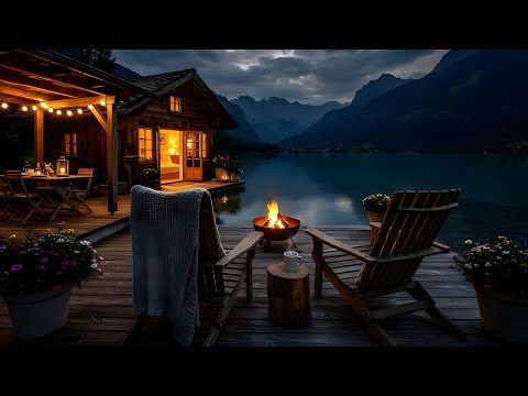Peaceful Cabin by the Lake | Spring Night Ambience | Fire Pit & Lake Sounds