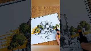 Marker Rendering, Architecture Sketch💚🧡#architecturedrawing #sketch #perspectivedrawing #howtodraw
