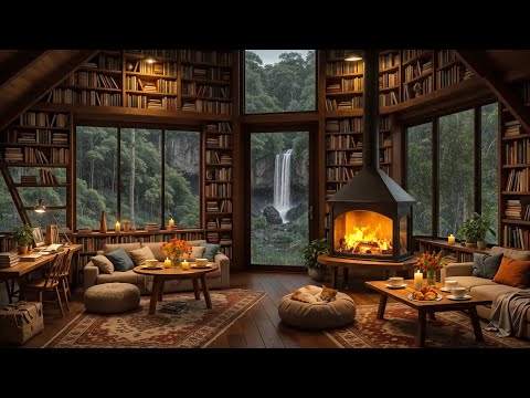 Cozy Wooden Cabin 🌧️ Soothing Jazz Piano Music with Relaxing Rain, Crackling Fireplace for Study