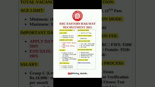 Eastern Railway 2025 Recruitment🔥 | 10th, 12th, ITI Pass | Apply Now! #GovtJobs #Shorts
